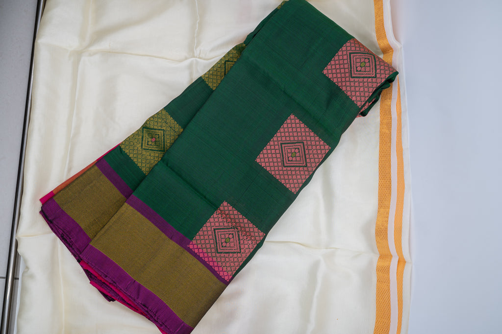 Green with Pink Border Pure Soft Silk Saree