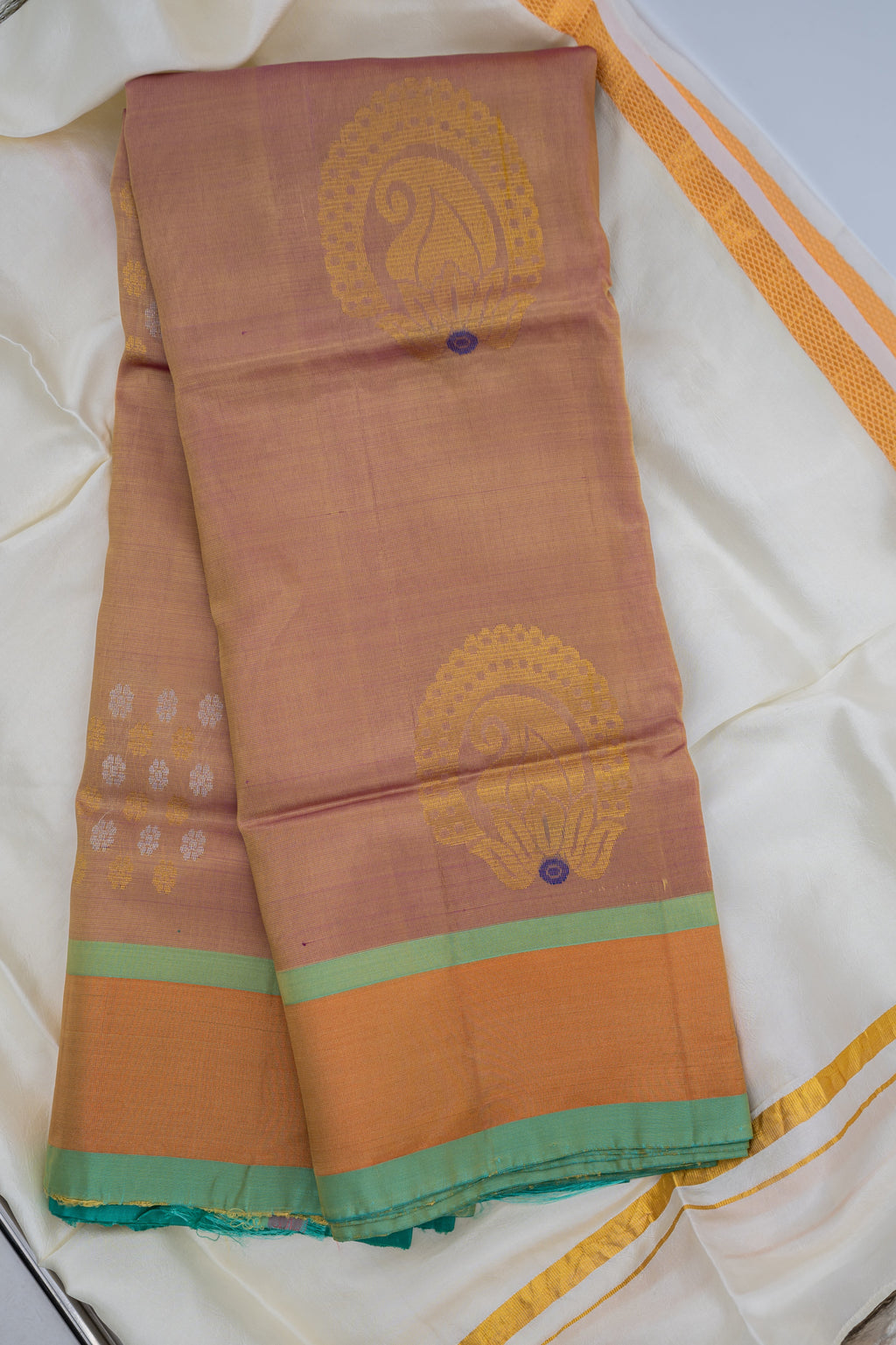 Gold with Green Border Pure Soft Silk Saree