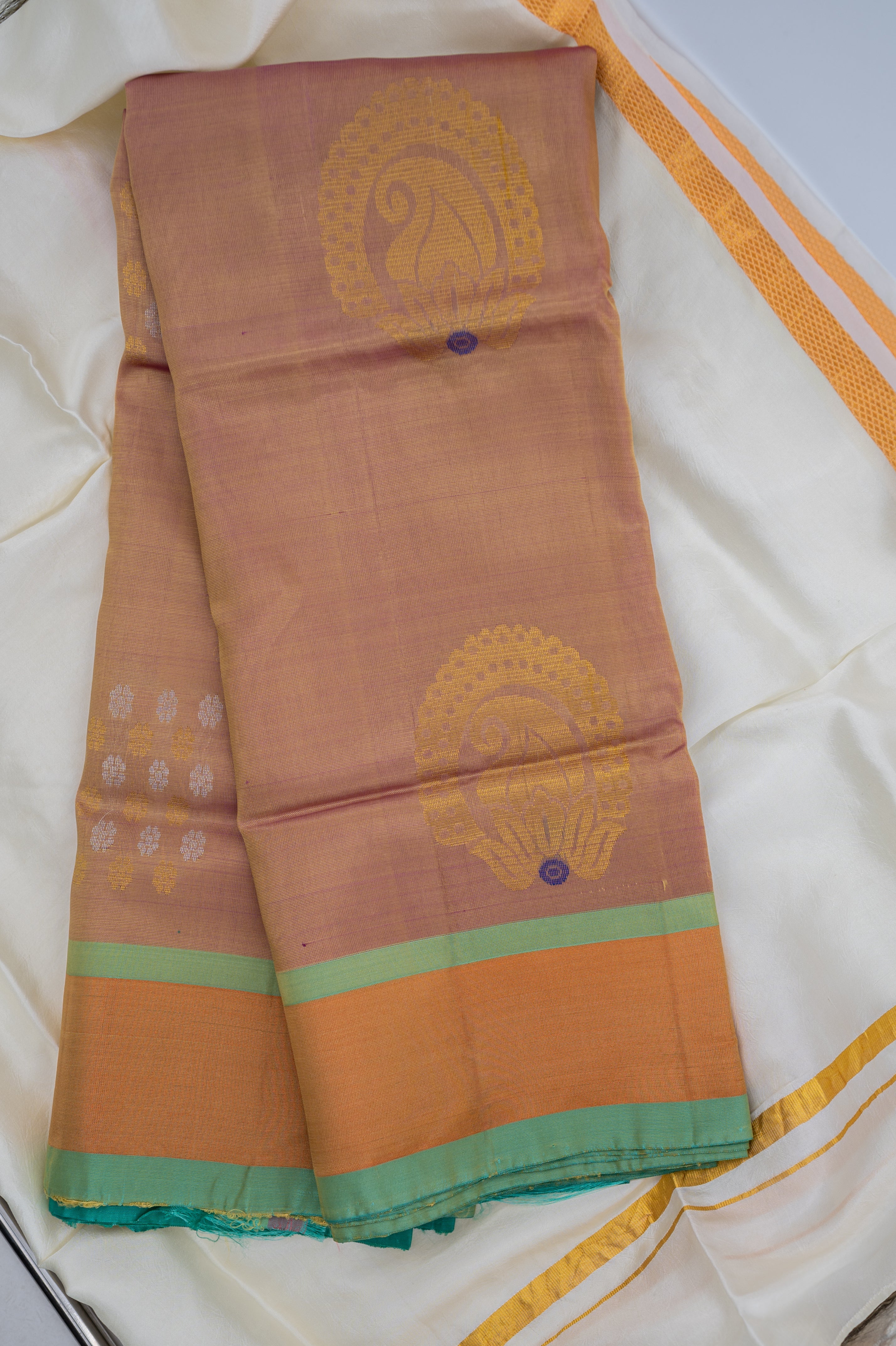 Gold with Green Border Pure Soft Silk Saree