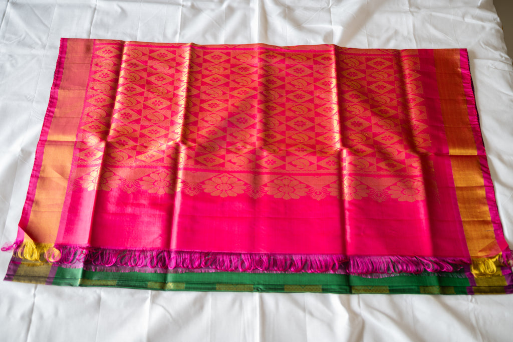 Green with Pink Border Pure Soft Silk Saree
