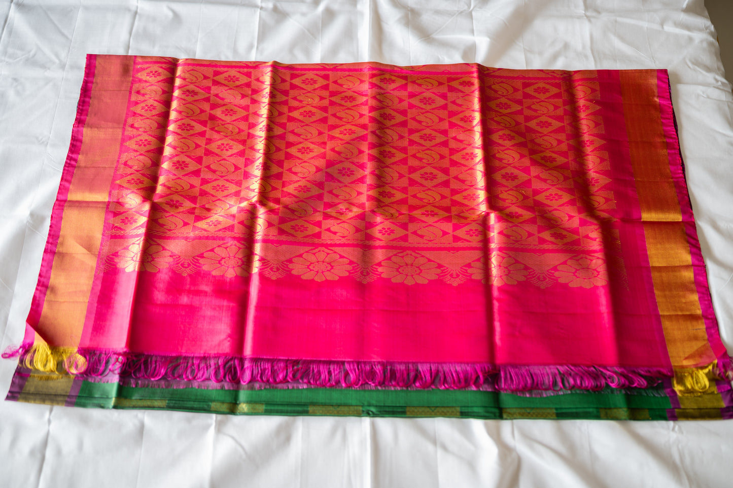 Green with Pink Border Pure Soft Silk Saree