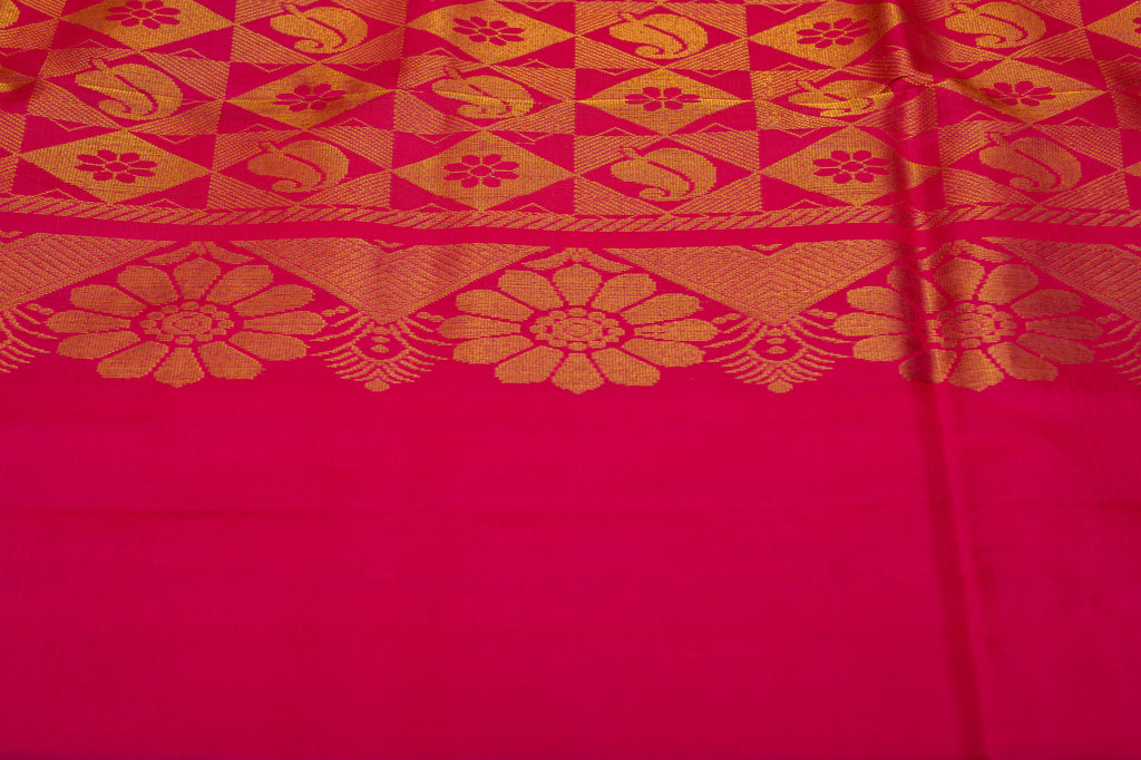 Green with Pink Border Pure Soft Silk Saree