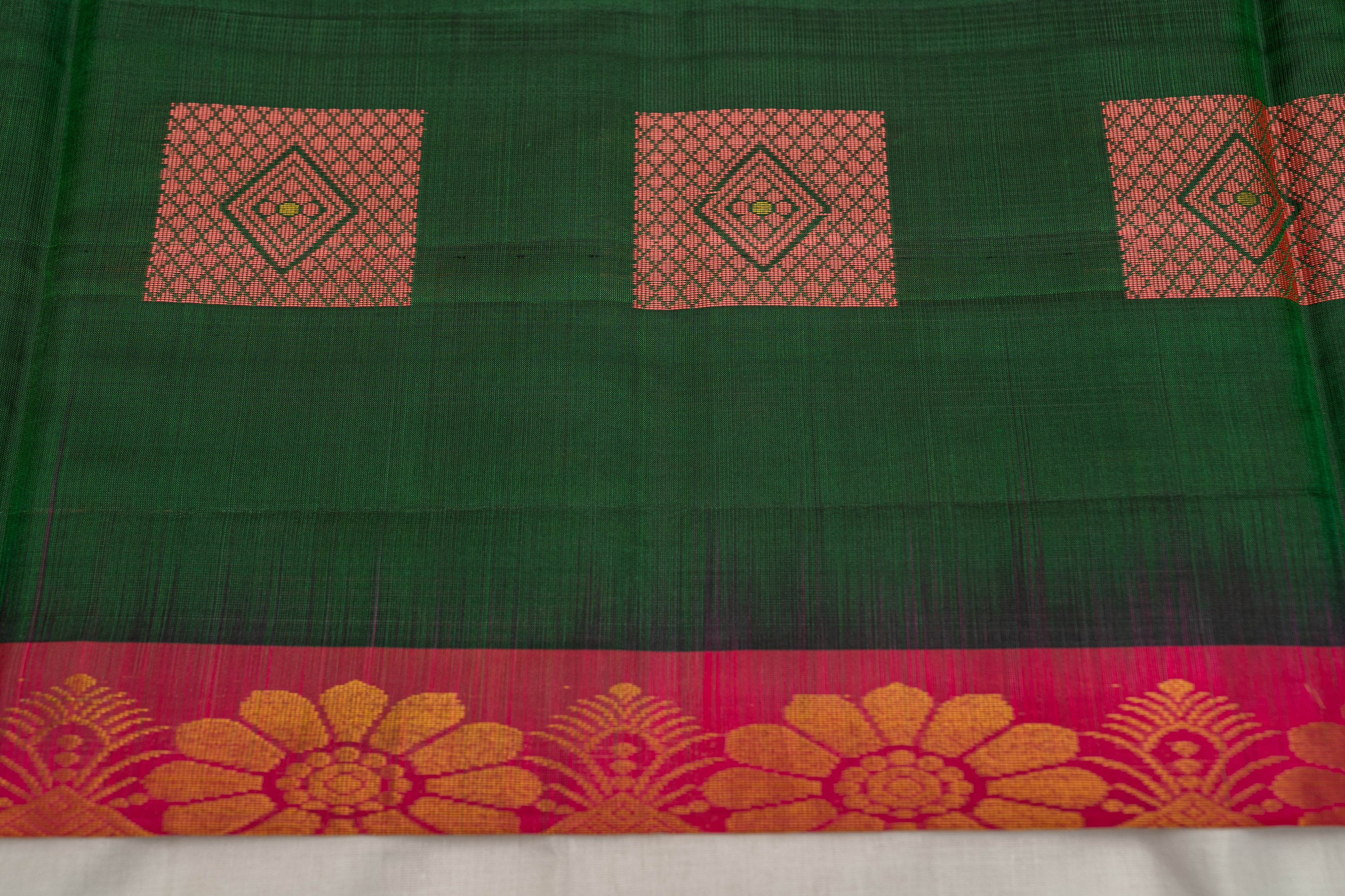 Green with Pink Border Pure Soft Silk Saree